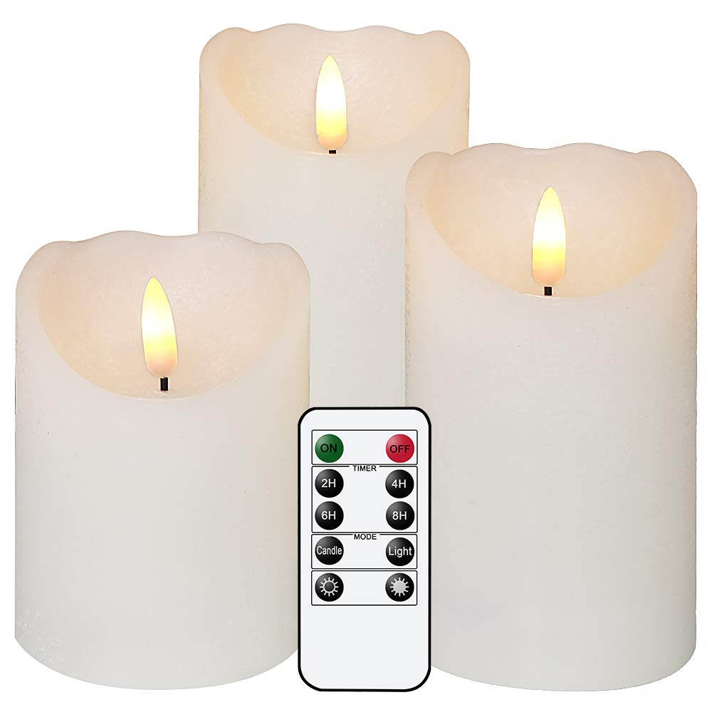 Eldnacele Flameless Flickering Candles with Remote, 3D Wick Real Wax Battery Operated White Pillar Candles with Timer Set of 3 for Home Wedding Party Christmas Decoration (D3” x H4”5”6”) White