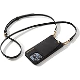 Bandolier Emma Crossbody Wallet Phone Case for iPhone 16 Pro Max. 100% Genuine Pebble Leather. Adjustable & Removable Crossbody Strap. Card Holder with Snap Closure. Black with Gold Hardware