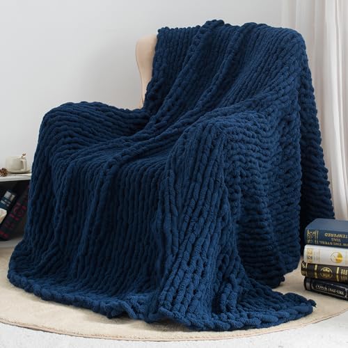 Photo 1 of *** PRE OPENED***LONG CREATE Chunky Knit Throw Blanket 60"X 80", 100% Handmade with Soft Chenille Yarn, 6.7lbs Thick Cable Knitted Blankets, Large Rope Knot Crochet Throws for Couch Sofa Bed Home Decor, Navy Blue