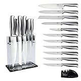 Kitchen Knife Block Set | 13 Piece Utility Knife Set | 1 Knife Sharpener as Bonus | Stainless Steel Knives Set with Block | Firm and Stylized Acrylic Stand | By Basic Item