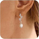 Ewrkbr Silver Earrings for Women,Dainty Pearl Drop Earring Trendy Silver Pearl Drop Earrings for Bride Simple Non Tarnish Earring for Women Jewelry