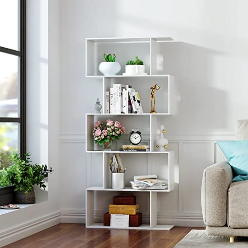 Function Home Geometric Bookcase Wood, S Shaped Bookshelf 5Tier