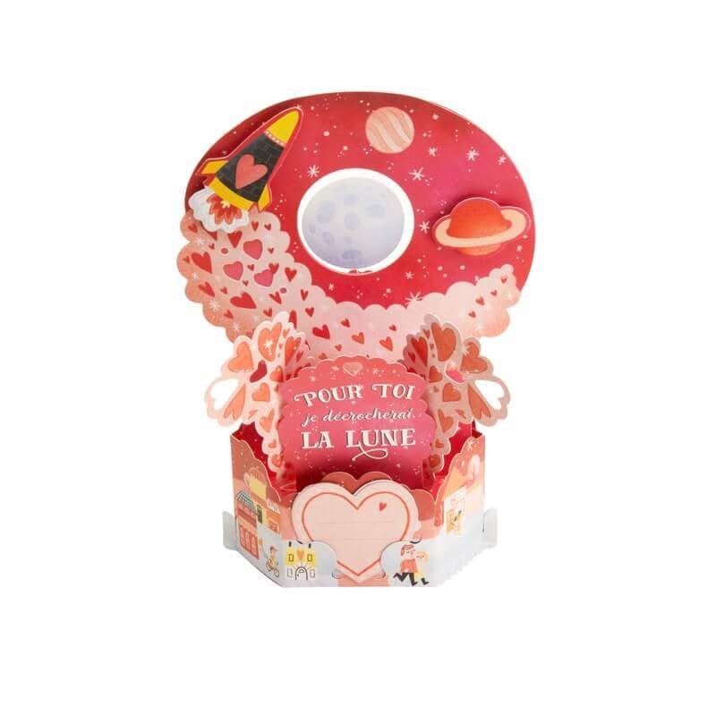 Draeger Paris - Pop Up Greeting Card, 3D Greeting Card with Envelope - "Pour toi je décrocherai la lune" Flying Of Hearts Personalised Sign - Size 18 x 11,5 cm