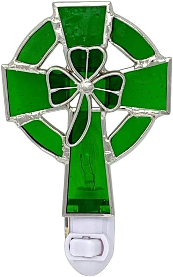 Irish Night Light Celtic Cross and Shamrock Stained Glass NEAT Lighting