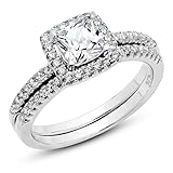 925 Sterling Silver Cushion Cubic Zirconia CZ 2Pc Halo Wedding Engagement Ring Set