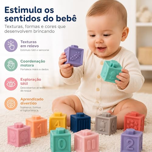 Blocos Sensoriais para Bebê 6M+ 12 Cubos Educativos para Empilhar | Números 0-9 e Símbolos Matemáticos – Brinquedo Didático com Texturas e Som