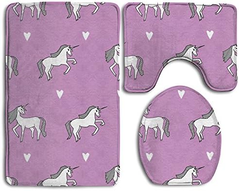 Little Girls Unicorn 3 Piece Bath Mat Set Toilet Rug Bathroom Contour Mat Non-slip Washable Rubber Backing