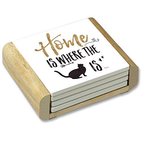 CounterArt Home Is Where the Cat Is Absorbent Coasters in Wooden Holder, Set of 4