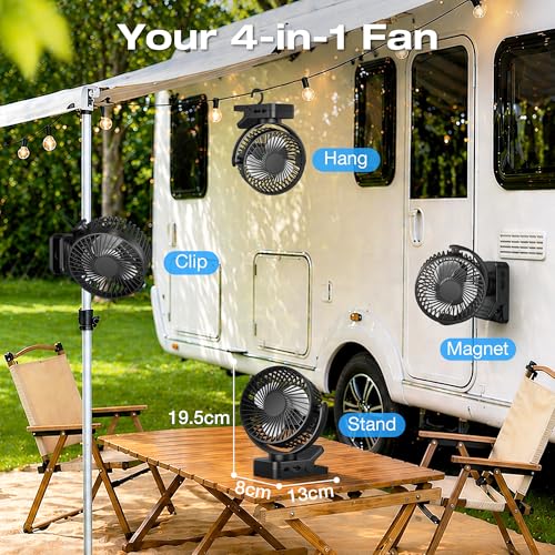 Orvyna USB Rechargeable Portable Fan 12000mAh 4 in 1 Magnetic Clamp Table Fan with Remote 3 Speeds LED Light Timer 360°, Desktop Fan for Car Camping Baby Cart, Black