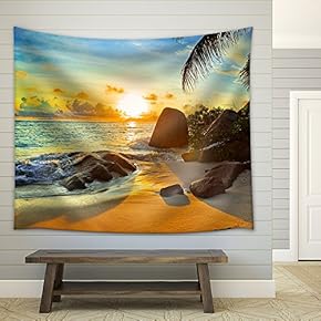 Tropical Beach at Sunset - Nature Background - Fabric Wall Tapestry Home Decor - 51x60 inches