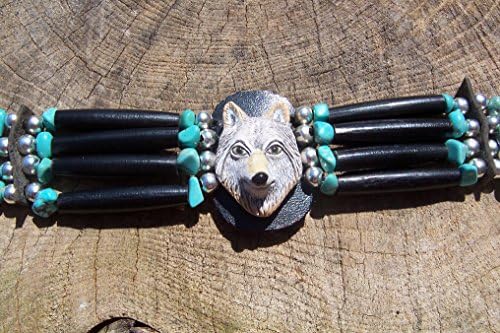 17” White Wolf And Black Leather Plains Indian Style Choker with Turquoise, Black Pipe Bone Beads, and Silver Spacer Beads.