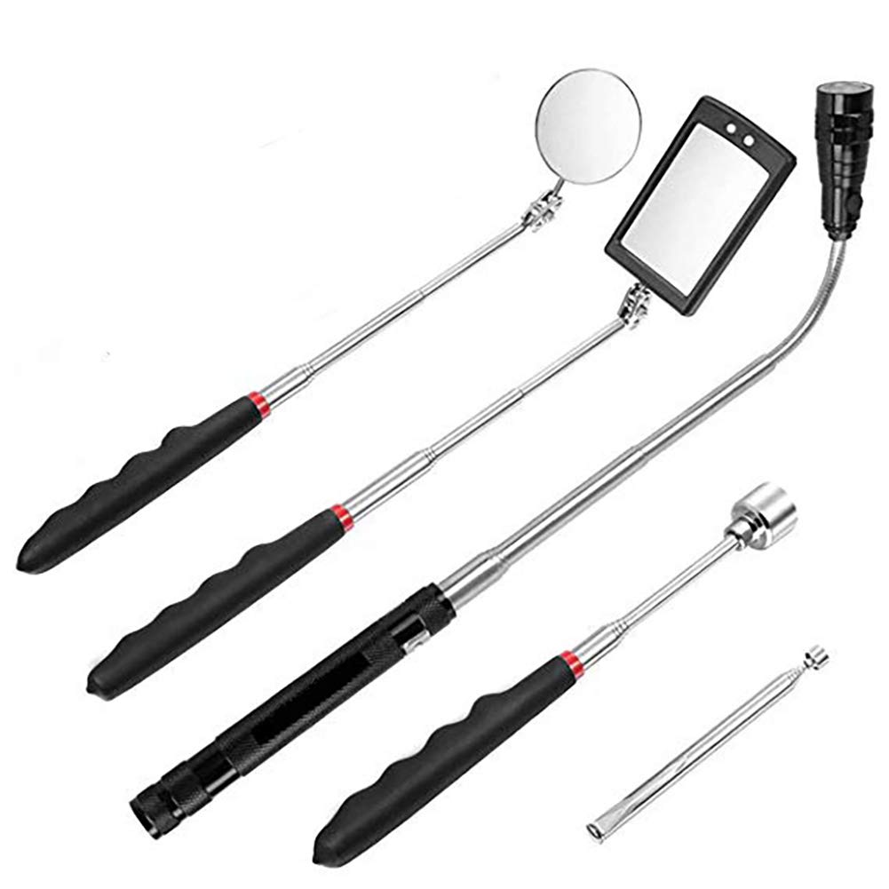 Queta 5 Pieces Magnetic Telescoping Pickup Grabber Tool Extendable Tool Kit Including Pick-up Rod LED Lights, Inspection Mirror and Flashlight, Telescopic Handle 360 Rotatable for Extra Observation