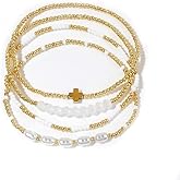 Gold Plated Beaded Pearl Bracelet Stack for Women,Dainty Stretch Gold Non Tarnish Stackable Bracelets Fashion Prom Party Accessories Jewelry Gift Friendship