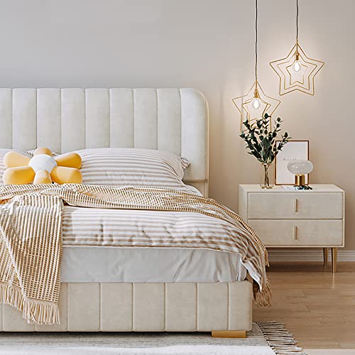 Beige Velvet Upholstered Bed Frame, Vertical Tufted Headboard, Sturdy Solid Wood Support, 600kg Weight Capacity, Queen King Super King Sizes, 5-Day UAE Delivery & Professional Installation