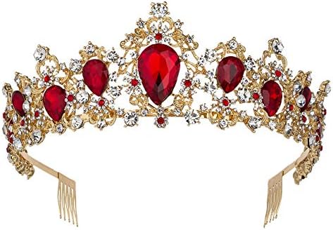 Sweet Princess Pink Crowns for Women Girls Crystal Rhinestone Queen Costume Party Festival Wedding Tiaras Headbands (Gold Red)