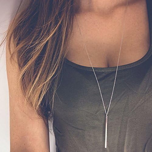 Faux Silver Fashion Vertical Bar Stick Pendant Necklace - Plus Bonus Gift and Jewelry Bag For Anniversary - Mothers Day
