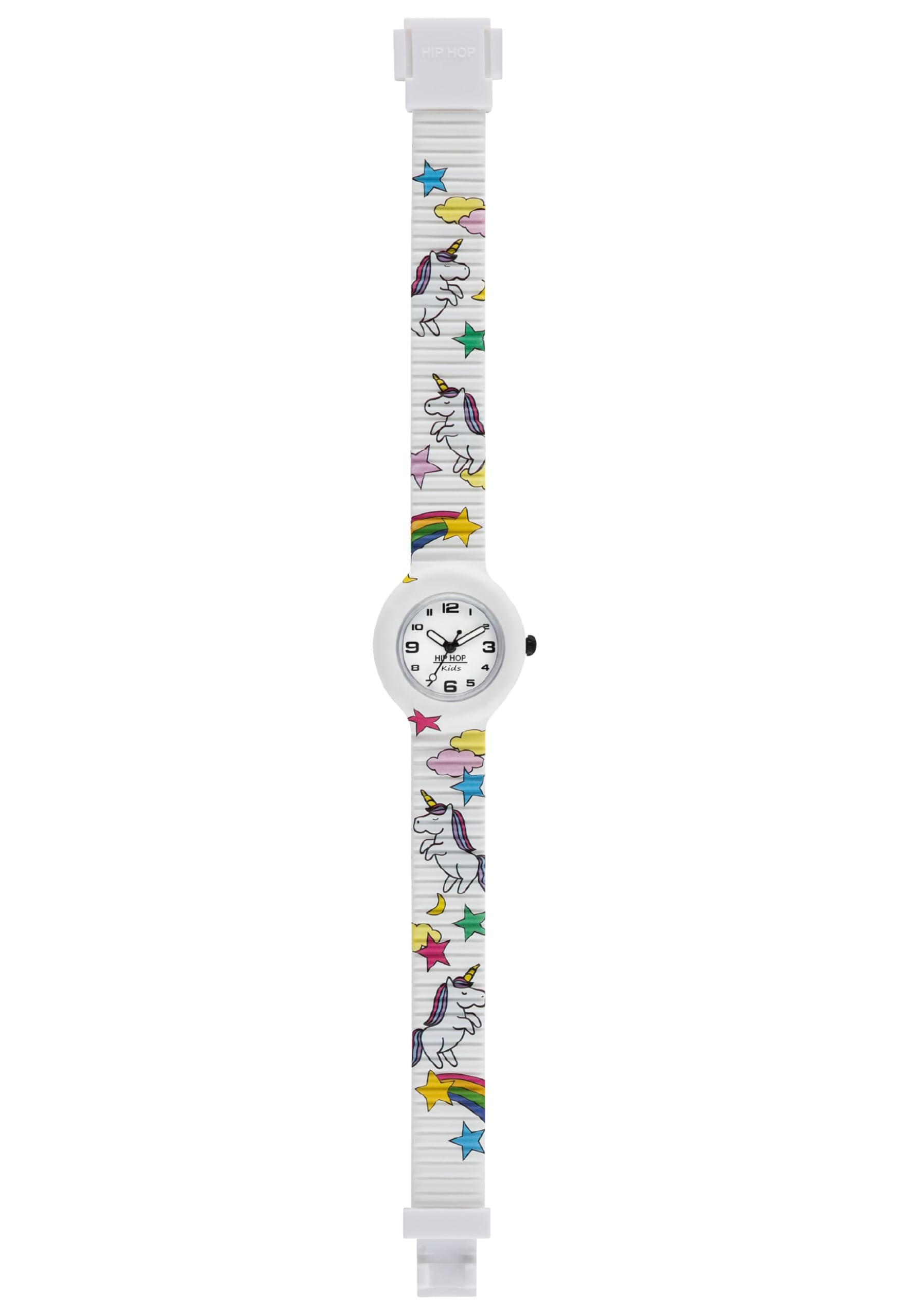 Hip Hop Kids Fun Unicorn Girls Watch, Time-Only Watch for Girls in White with Colourful Unicorns and Rainbows and Soft Silicone Wristband, Water Resistant, HWU0811