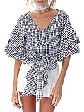 Simplee Apparel Women's Off Shoulder V Neck Wrap Blouse Shirt Waist Tie Plaid,Black White Plaid,8/10