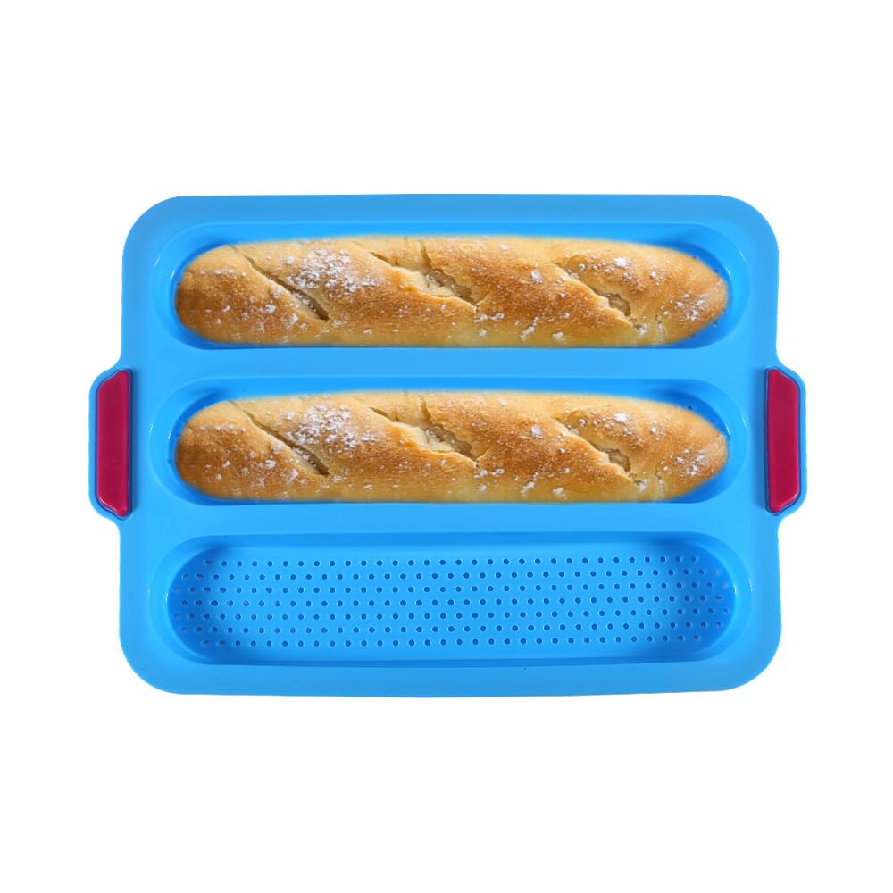 KeepingcooX Non-Stick Silicone Baguette Pan - Perforated Bottom Creates Crispy Crusts, Also for Hot Dog or Sandwich Rolls (3-Baguette)