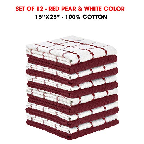 Talvania Kitchen Towels 100% Cotton Dobby Weave Terry Towel Set, 12 Pack Soft and Absorbent Multipurpose Dish Cloth, Hand Towel and All Kitchen Cleaning 15" X 25" Machine Washable (Red Pear & White)