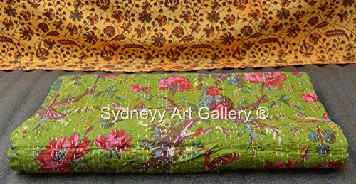 Sydneyy Art Gallery Indian Bird of Paradise Kantha Quilt, Kantha Bedspread, Kantha Bohemian Bedding, Reversible Bedsheet / Blanket. (King Size)