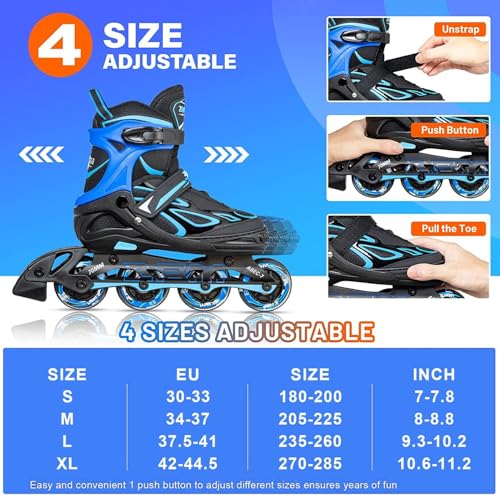 2PM Sports Adjustable Inline Skates for Girls and Boys Women Men, Sizes 30-33, 34-37, 38-41 and 42-44