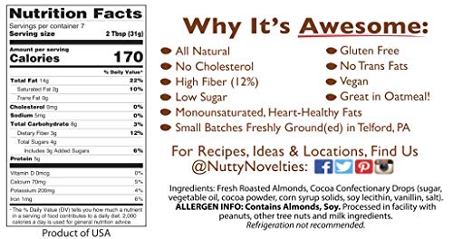 Nutty Novelties Dark Chocolate Almond Butter - High Protein, Sweet Almond Butter - All-Natural, Dark Chocolate Almond Butter Free of Cholesterol & Preservatives - Vegan Almond Butter - 8 Ounces