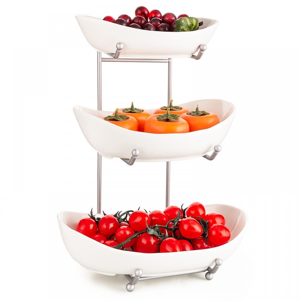 Gelory 3 Tier Fruit Bowls for Kitchen Counter Ceramic Fruit Basket with Metal Rack, Porcelain Kitchen Bowls Veggies Snack Nuts Bread Candy Dessert Cake Tray(White)