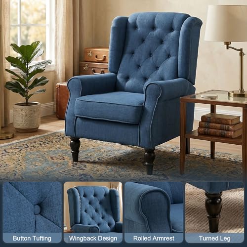 HOMCOM Fabric Accent Chair, Button Tufted Armchair, Upholstered Modern Living Room Chair, Wingback Chair with Wood Legs, Rolled Arms, Thick Padding for Bedroom, Blue