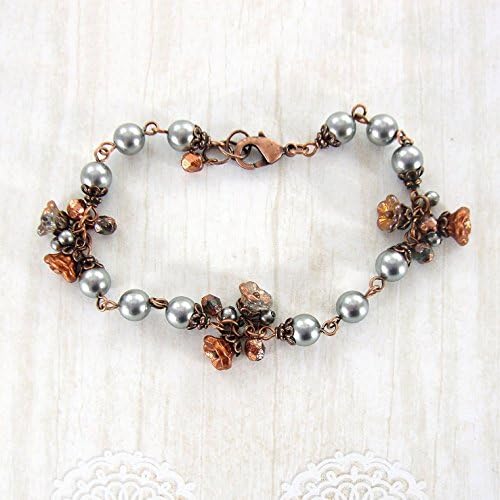 Silver Colored Swarovski Crystal Simulated Pearl and Rustic Copper Czech Glass Flower Bead Bracelet