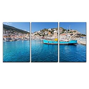 3 Piece Canvas Wall Art - Original Hydra Island in Greece - Modern Home Art Stretched and Framed Ready to Hang - 16"x24"x3 Panels