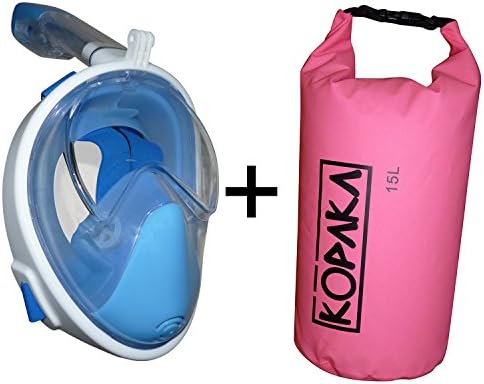 Full Face Snorkel Mask by Kopaka, GoPro Compatible Multiple Sizes and Colors Available (Blue Mask + Pink Bag, L/XL)