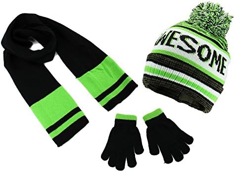 Polar Wear Boys Knit Hat, Scarf And Gloves Set with Words- Lime/ Black