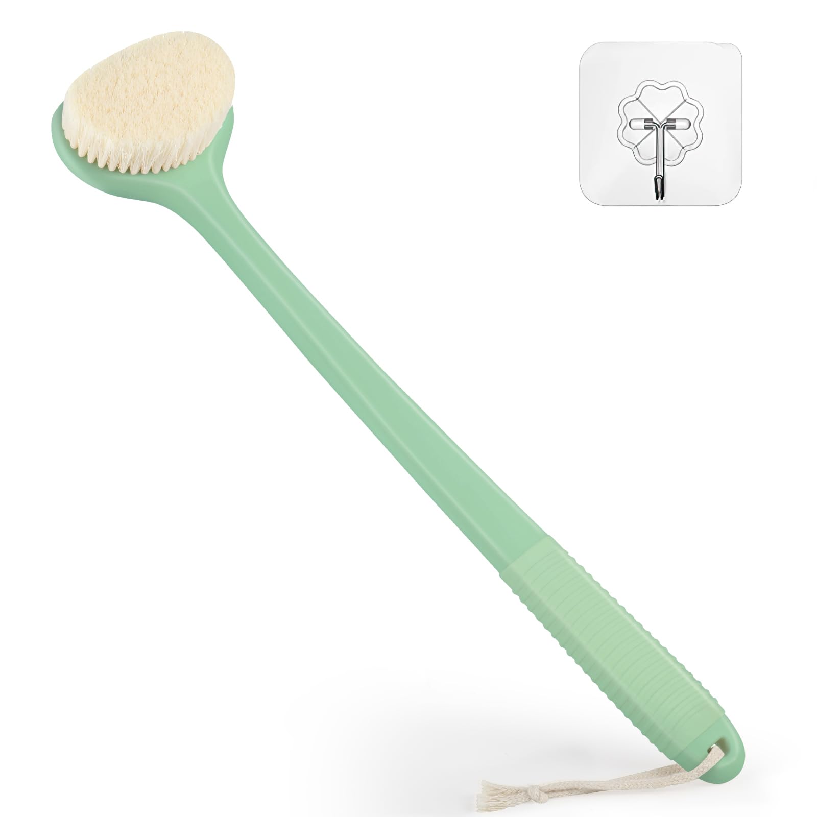 VANZAVANZU Back Scrubber for Shower, Bath Brush with 17-Inch Long Anti-Slip Handle, Wet and Dry Brushing Body Brush for Body Cleansing, Back Brush for Men and Women, Pea Green