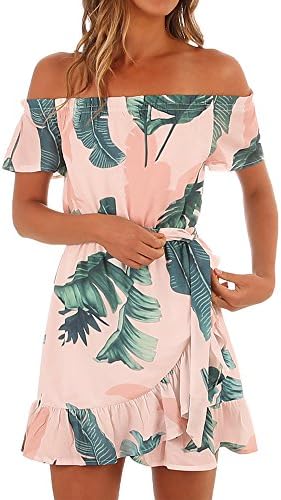 Klousilover Womens Off The Shoulder Dresses Summer Strapless Beach Floral Mini Dress