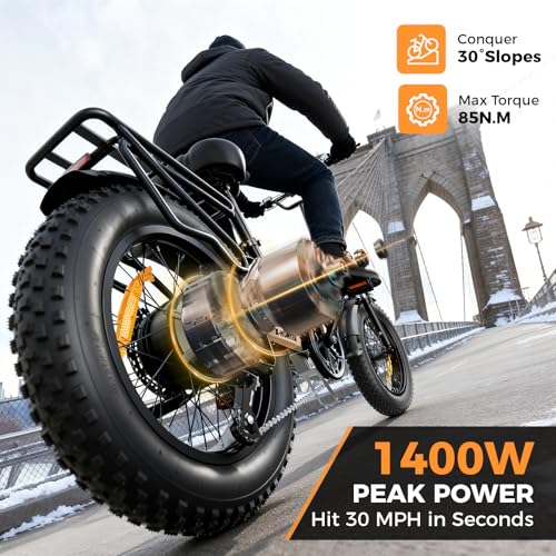 Jasion X-Hunter Electric Bike for Adults,1400W Peak Folding Ebike,20''*4 Fat Tire Foldable Ebike,30MPH 70+Miles 48V 13AH Removable Battery,Full Suspension System Design,7-Speed Bicycles