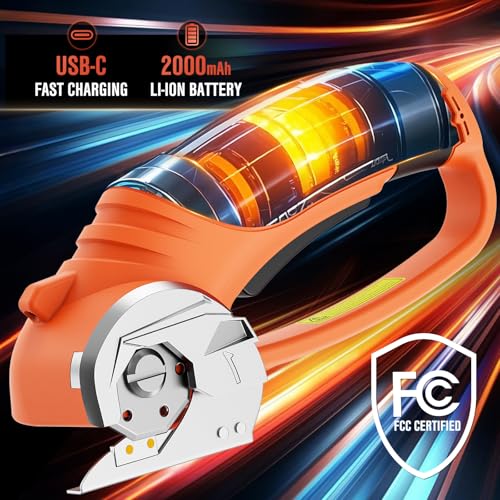 Cordless Electric Scissors 4V Rechargeable Cardboard Cutter with 4 SK5 Blades, 2000mAh Battery, LED Light, Electric Box Cutter 1/3” Cutting Capacity Power Cutter for Fabric Carpet Leather DIY - Orange