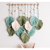SnugLife Macrame Wall Hanging Leaves - Large Chic Feather Boho Decor, Handmade Yarn Woven Art Leaf Tapestry for Nursery, Bedroom, Living Room, 17 X 22 Inch (Green, Sage Green &amp; Beige)