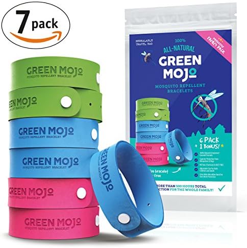 Green Mojo 100% Natural Mosquito Repellent Bracelet - Family Multi Pack 7-COUNT Extra Wide Bracelets - Safe &amp; Easy Insect Repellent - Improved Geraniol Formula - No DEET - Safe for Kids