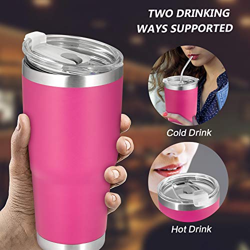 30oz Tumbler, 2 Packs Stainless Steel Double Wall Vacuum Insulated Tumbler Travel Mug With 8Pcs Reusable Straw, 2Pcs Slider Lid, 2Pcs Cleaning Brush, 2Pcs Handles (Black + Rose)