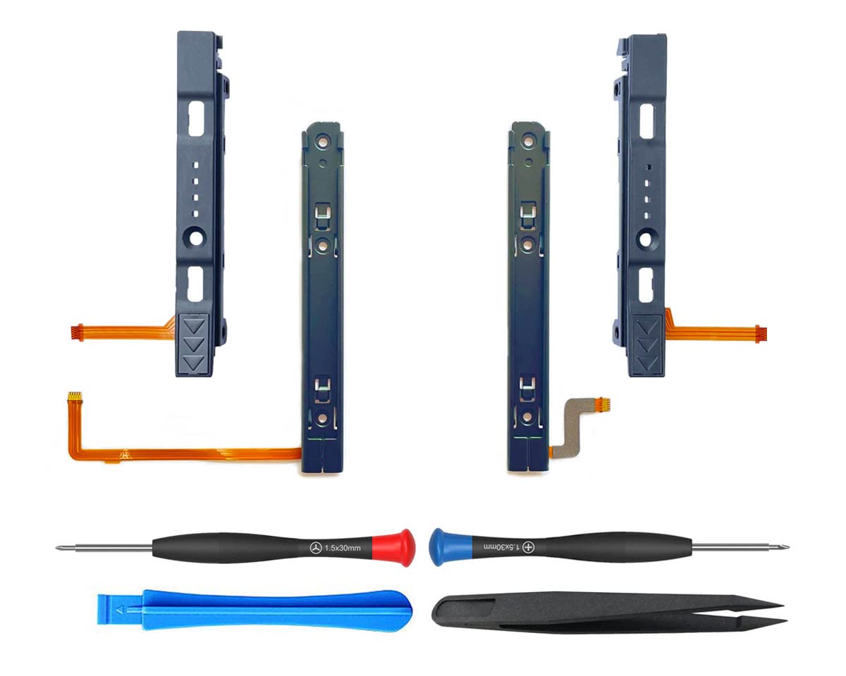 ElecGear Slide Rail Replacement for OLED Switch HEG-001 and Joy Con Controller, Left/Right Metal T-Track for NS OLED and Plastic Slider Bar for Joy-con with Flex Cable Connector, Repair Tool incl.