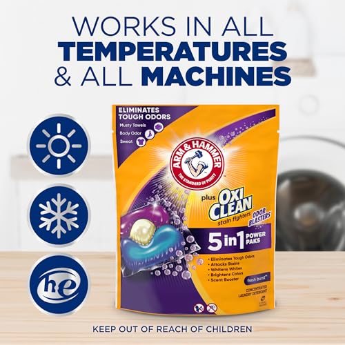 ARM & HAMMER PLUS OXICLEAN WITH ODOR BLASTERS CONCENTRATED LAUNDRY DETERGENT, 5-IN-1 LAUNDRY STAIN REMOVER, FRESH BURST DETERGENT POWER PAKS, 42 COUNT BAG