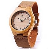 Wooden Watch, Women's Quartz Watch Bamboo Case with Brown Cowhide Leather Strap