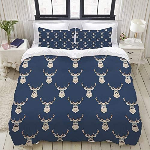KIMDFACE Duvet Cover Set, Hipster Inspired Deer with Antlers Glasses Mustaches Funny Animal Pattern Vintage, Decorative 3 Piece Bedding Set with 2 Pillow Shams, Queen/Full Size