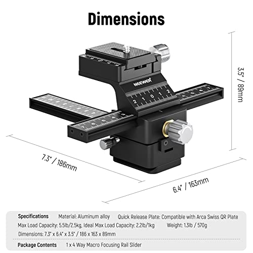 NEEWER 4-Way Macro Focusing Rail with Quick Release Plate for Arca Type, 1/4 Inch Thread for Macro Photography & Close-up Photography, Compatible with Canon Nikon Fujifilm Sony DSLR Mirrorless Camera