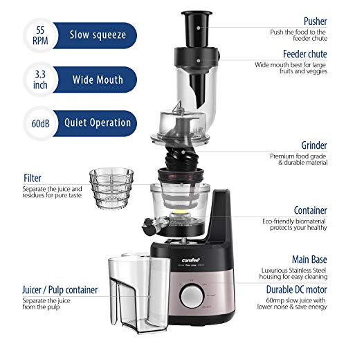 COMFEE' MJ-WJS2009PW2 COMFFE' BPA Free Jucier with Ice Cream Maker 3.4inch Large Chute. 55RPM Slow Cold Press Masticating and Grinding. High Yield. Quiet Motor, Reverse Function. Champagne Gold, Rose - Thumbnail 7