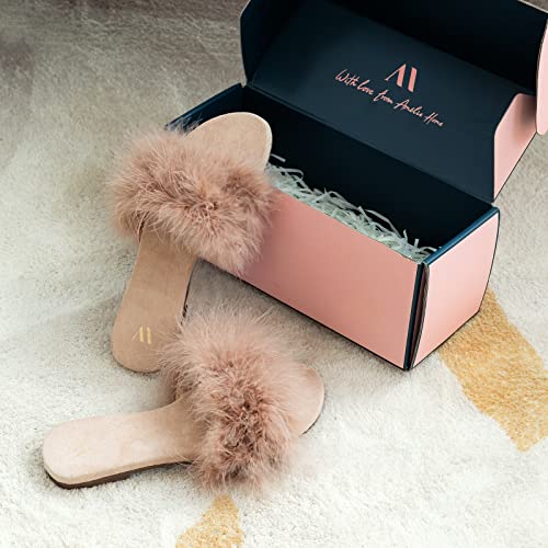 Amélie Home Women\'s Sexy Fashion Slide Slippers - Beige Furry Turkey Feather Open Toe Comfy Fuzzy Suede Lined House Sandals for Spring & Summer,Size 6