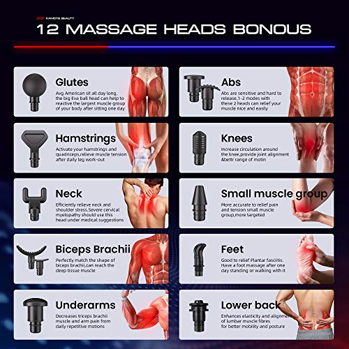 Massage Gun Deep Tissue,Muscle Massage Gun for Athlete with 12 Heads,Super Quiet Brushless Motor,Back Shoulder Leg Facial Gun,Handheld Percussion Massage Gun for Pain Relief (Black)