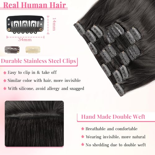 YUNIFFE Clip in Hair Extensions Human Hair 120g 18 Inch 8pcs Natural Black Remy Human Hair Extensions Straight Hair Extensions Clip in Double Weft #1B