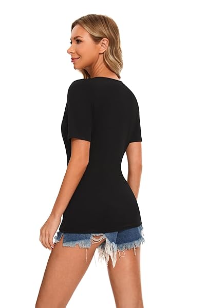 WOMENS DEEP V NECK SHORT SLEEVE LIGHTWEIGHT STYLISH SUMMER ESSENTIAL FIT T SHIRT TOPS TEE FOR WOMEN (BLACK,S)